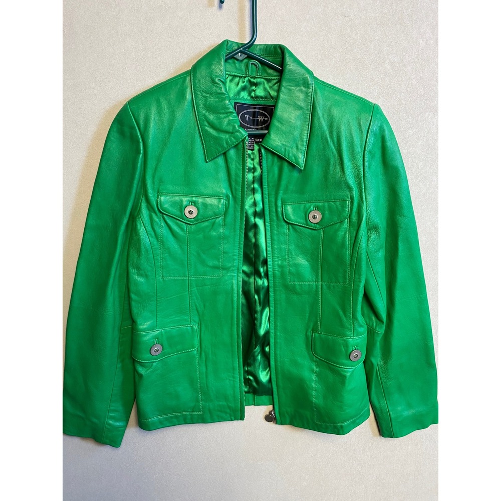 Tannery West Womens Green Leather Zip Up Utility Jacket Size Small Pocketed